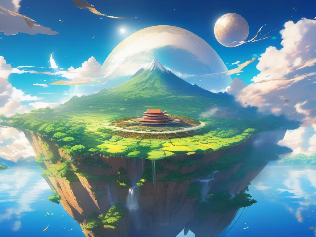 Floating islands with dynamic elemental powers. anime, wallpaper, background, anime key visual, japanese manga