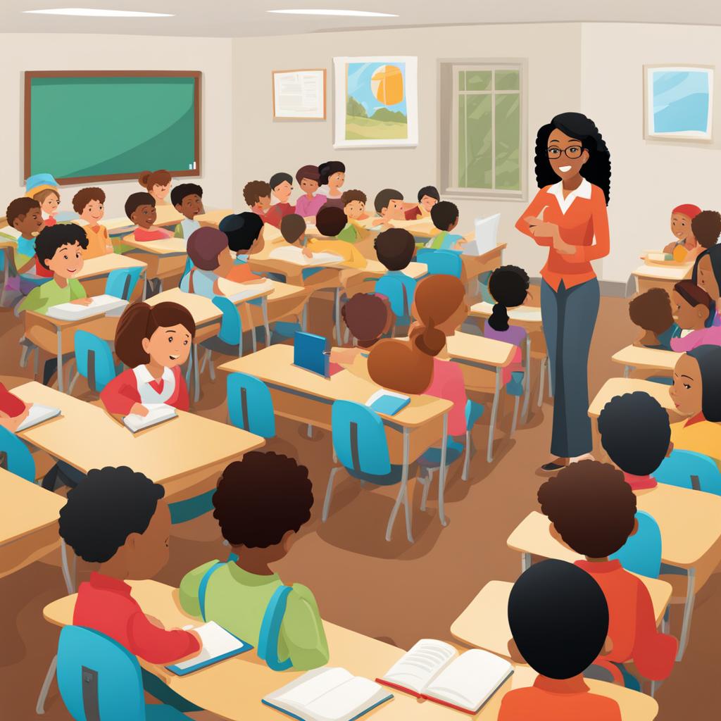 classroom clipart: filled with eager students and an attentive teacher. 