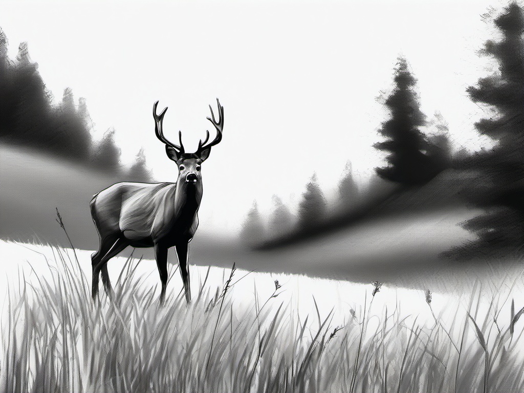 drawing of a deer in a meadow  minimal rough sketch scribbles,doodles,black and white