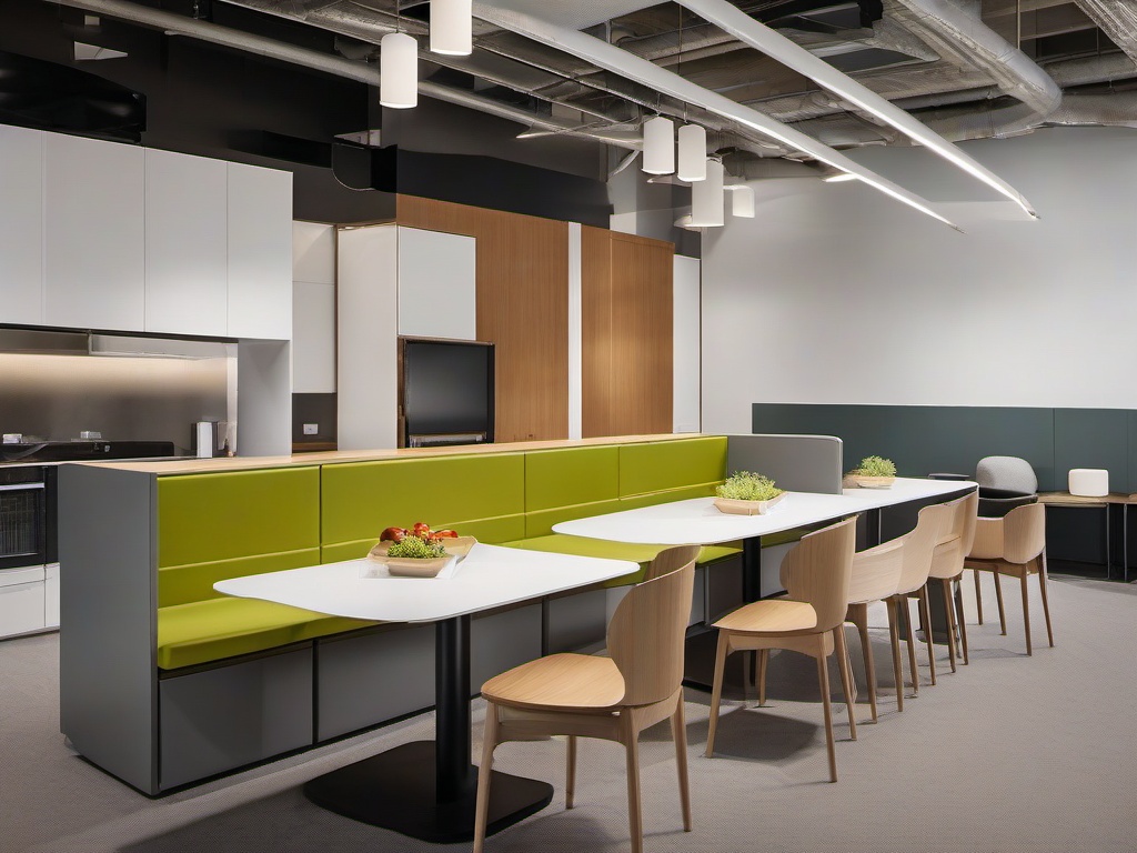 Bauhaus office break room features modular seating, minimalist dining tables, and functional storage, creating a streamlined and practical space for relaxation and collaboration.  