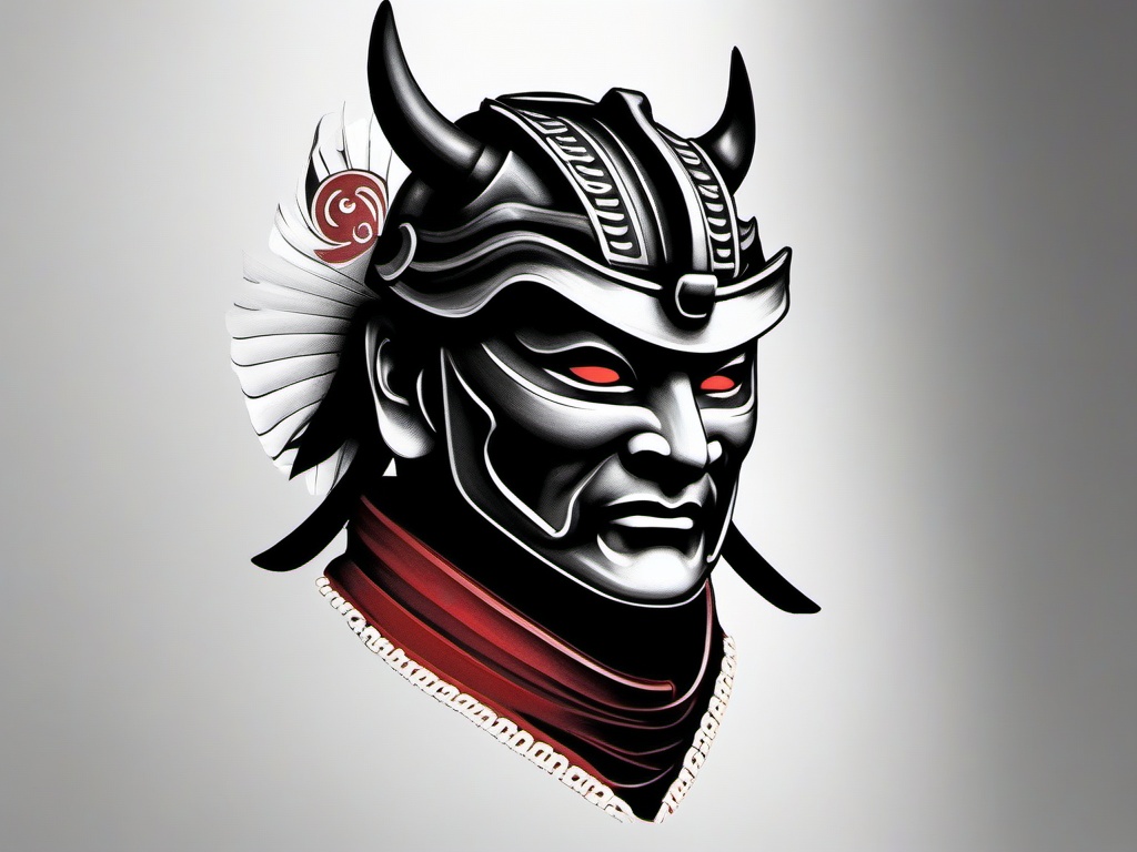 realistic samurai mask tattoo  simple color tattoo,white background,minimal