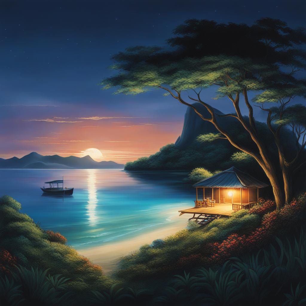 mikura island - create a serene night painting of mikura island, a remote paradise where bioluminescent waters and unique wildlife enchant visitors. 