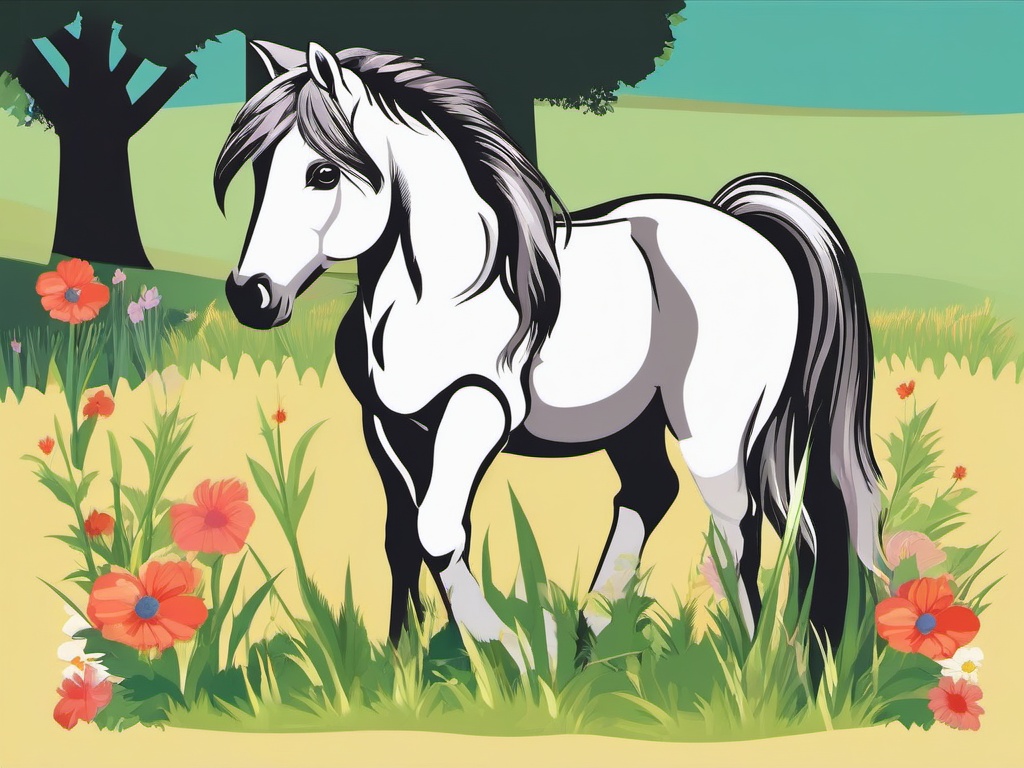 Pony clipart - Sweet pony grazing in a field, ,vector color clipart,minimal