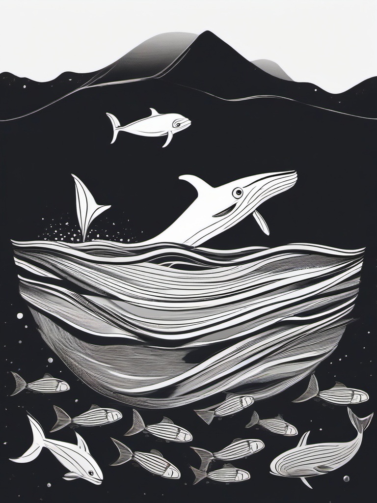 drawing of a whale swimming with fish  minimal rough sketch scribbles,doodles,black and white