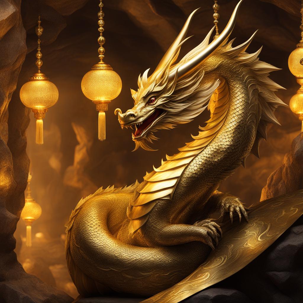 golden dragon dwelling in a cavern filled with gleaming treasures, its golden scales reflecting wealth and opulence. 