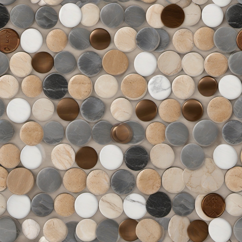 Travertine and granite and porcelain and marble and porcelain penny round tile scheme top view, product photoshoot realistic background, hyper detail, high resolution