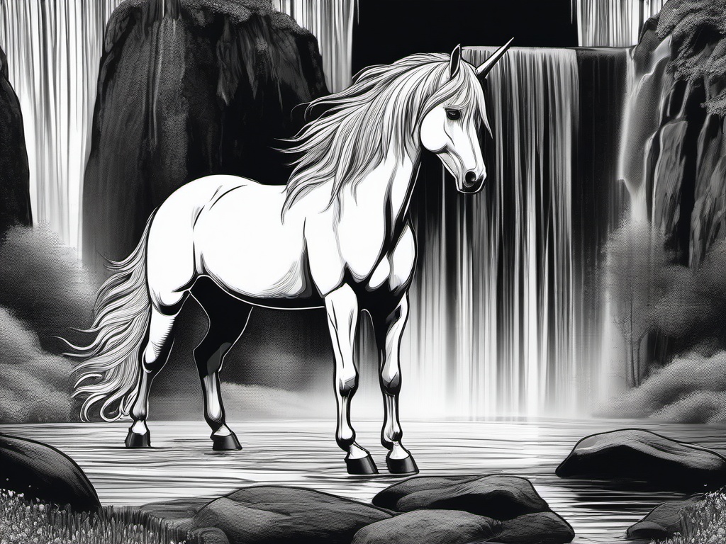 drawing of a unicorn with a waterfall  minimal rough sketch scribbles,doodles,black and white