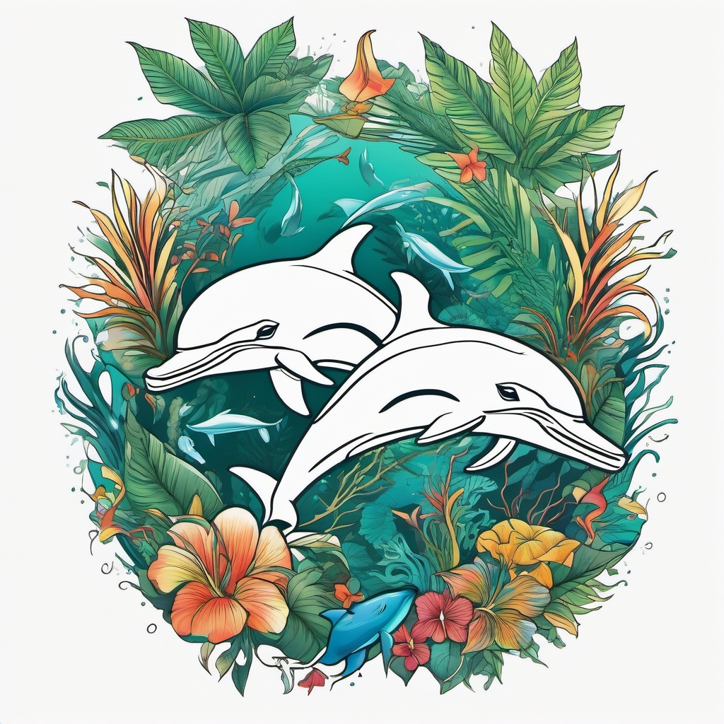 Rainforest Marine Melody - Dolphins surrounded by rainforest elements in a tropical tattoo.  outline color tattoo,minimal,white background