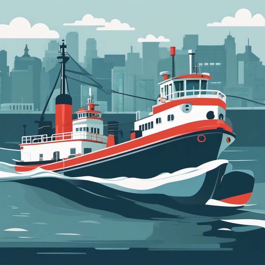 Tugboat Clipart - A tugboat guiding ships in the harbor.  color vector clipart, minimal style