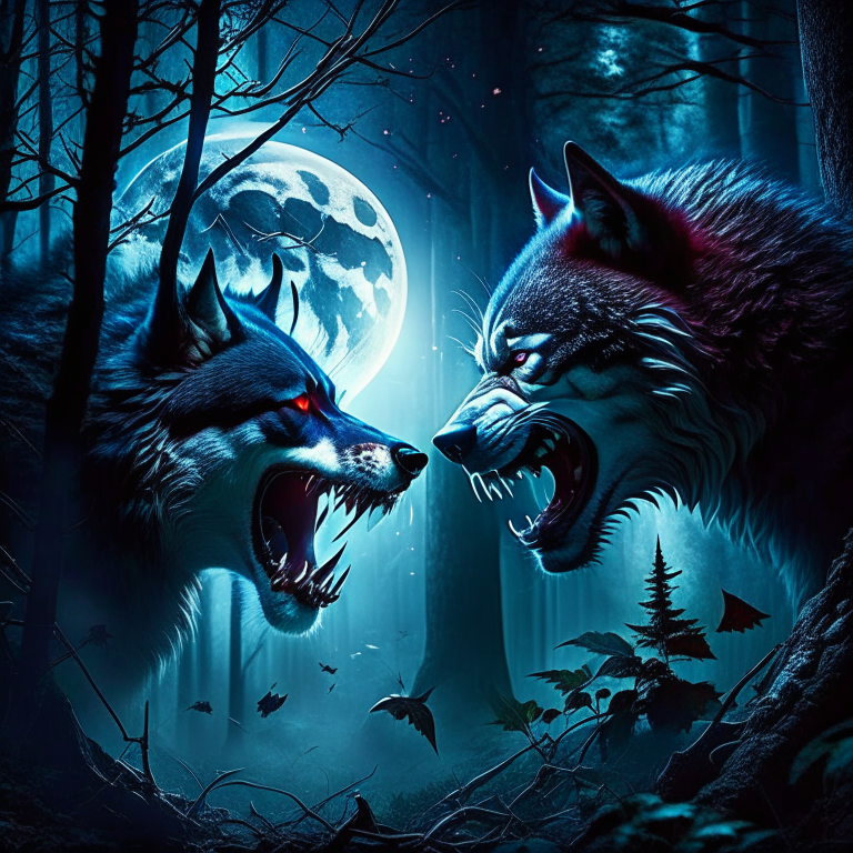 vampire vs werewolf - midnight confrontation in a moonlit forest, fangs and claws bared for combat. 