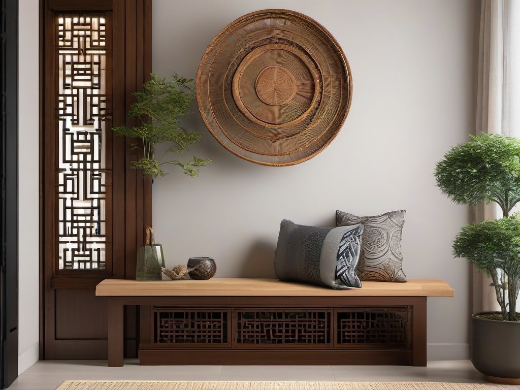 Asian Fusion entryway blends practical design with decorative elements inspired by various Asian cultures for a tranquil and organized space.  