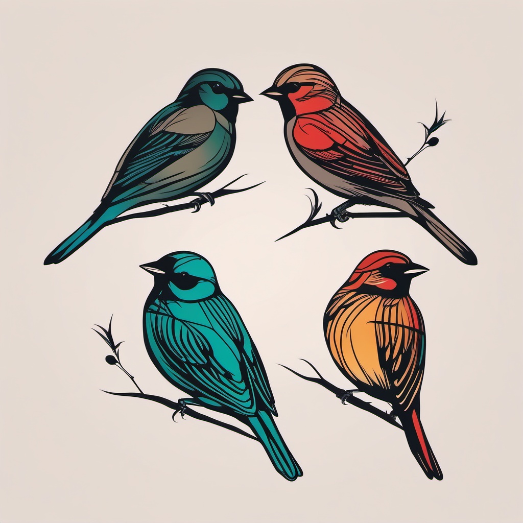 matching sparrow tattoos  minimalist color tattoo, vector