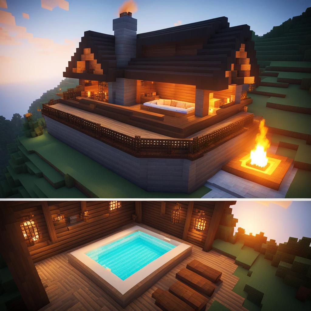 mountain lodge with a roaring fireplace and hot tub - minecraft house ideas minecraft block style