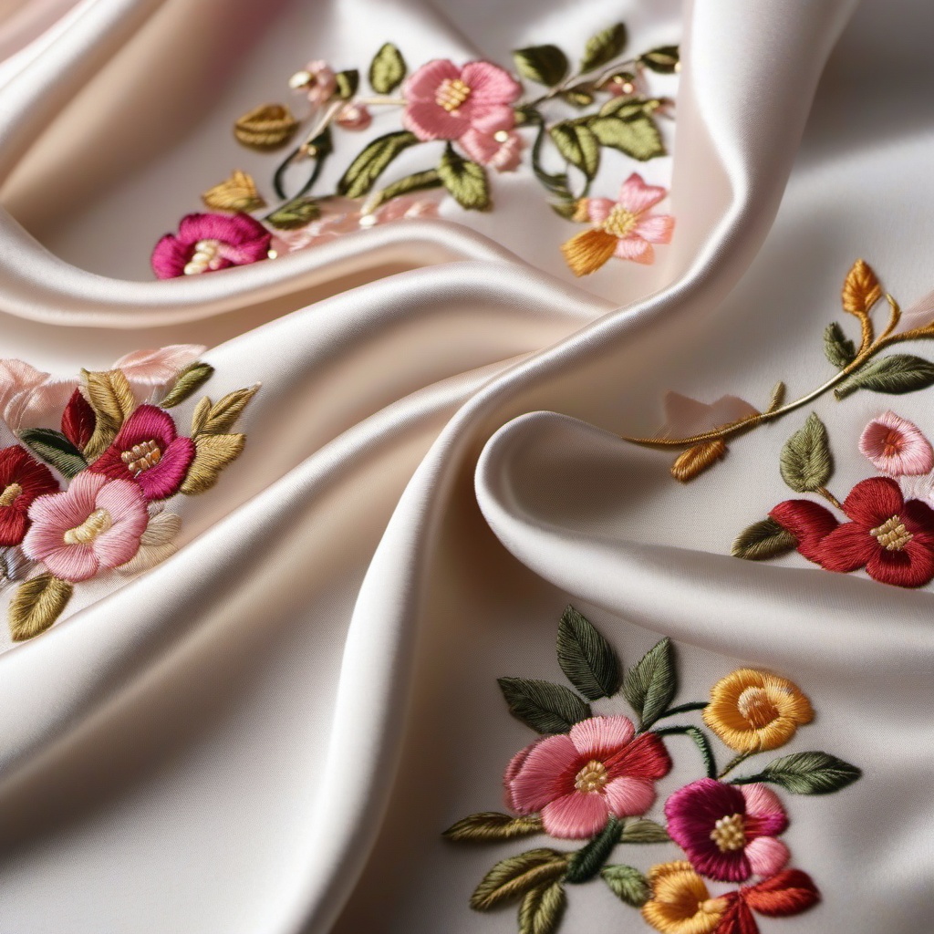 Embroidered silk fabric top view, product photoshoot realistic background, hyper detail, high resolution