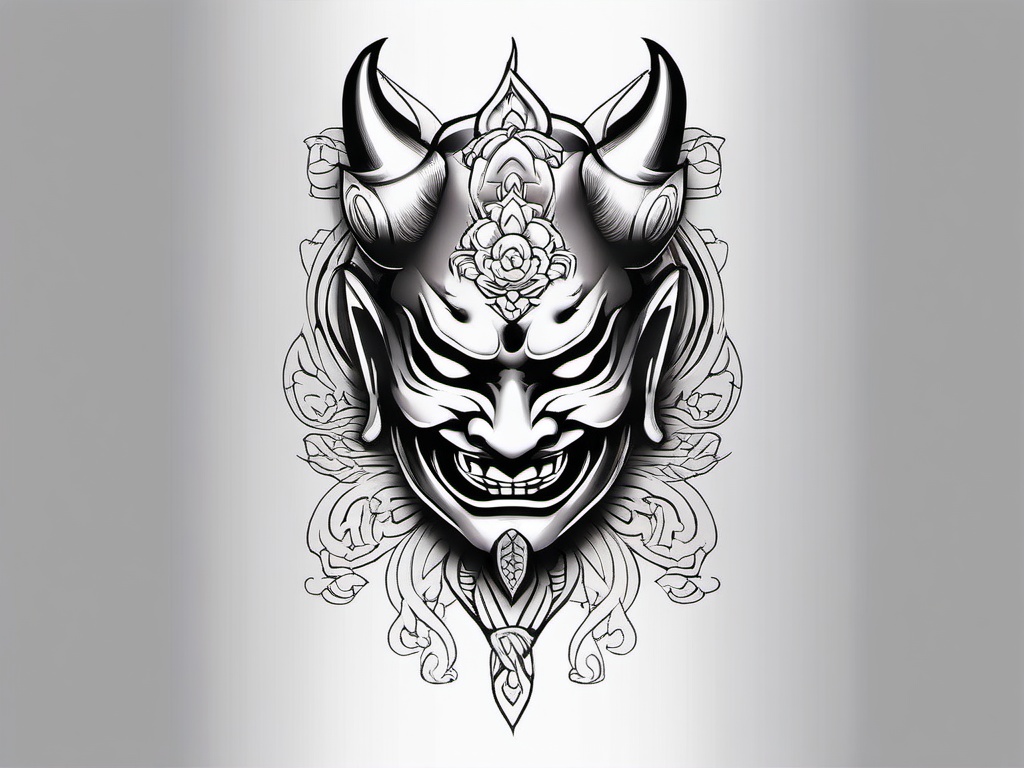 Hannya Mask Oriental Tattoo - A tattoo design featuring the Hannya mask with an oriental aesthetic, blending traditional and cultural elements.  simple color tattoo,white background,minimal