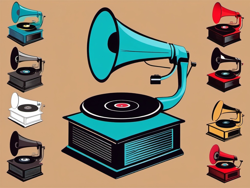 Gramophone and Vinyl Records Clipart - Vintage gramophone playing vinyl records.  color clipart, minimalist, vector art, 