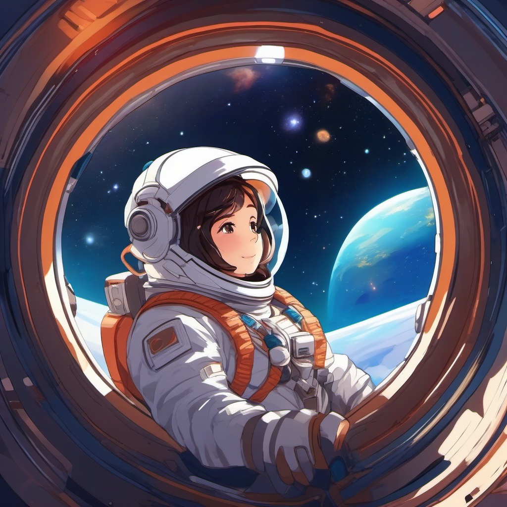 Adventurous space traveler, floating in zero gravity aboard a spacecraft, exploring the wonders of the cosmos.  front facing ,centered portrait shot, cute anime color style, pfp, full face visible