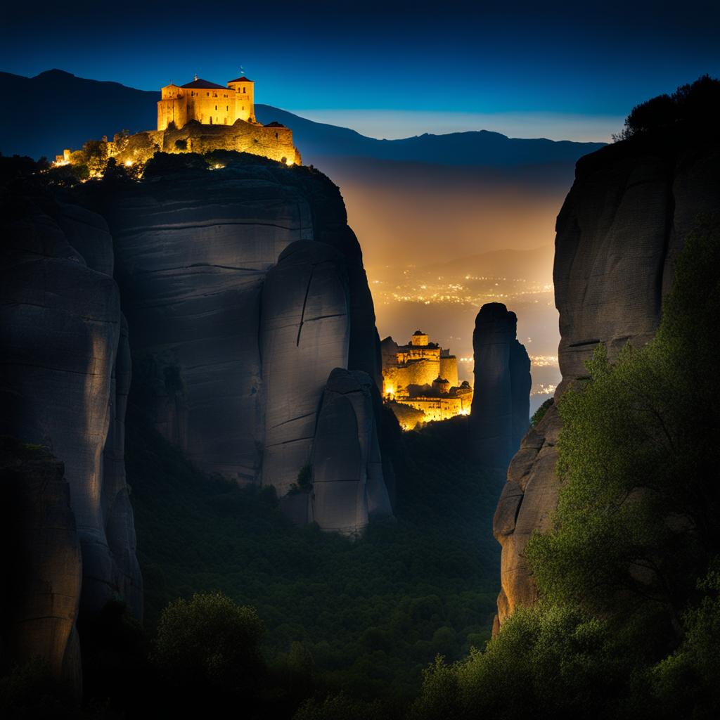 meteora, greece - capture the mystical beauty of meteora's monasteries perched atop towering rock formations, silhouetted against the night sky. 