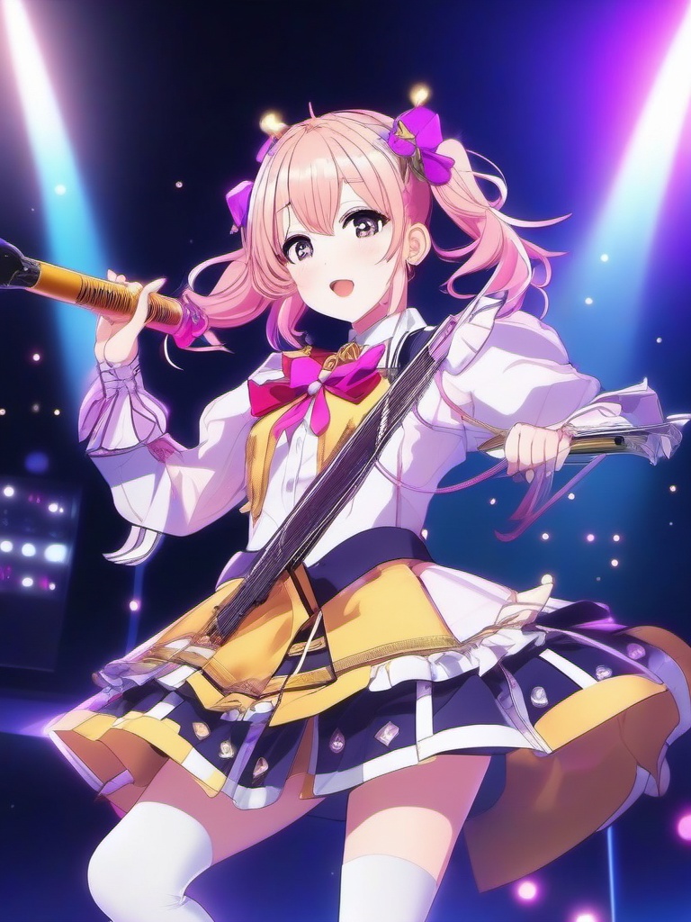 Kawaii anime idol and energetic idol performer, performing on a dazzling stage, captivating the audience with powerful and energetic songs, as a matching pfp for friends. wide shot, cool anime color style