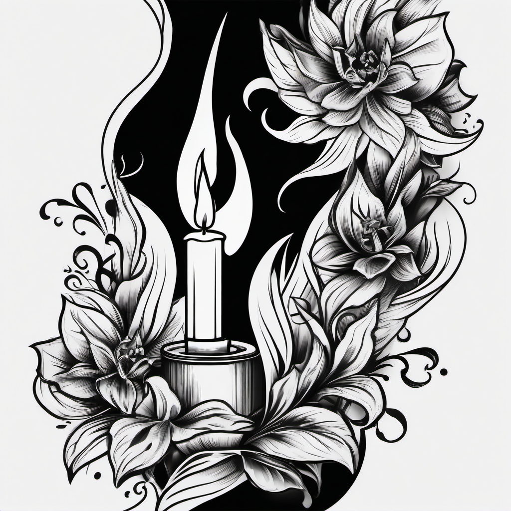 Candles flicker, leaving a deathly flame mark in the tattoo.  black and white tattoo style