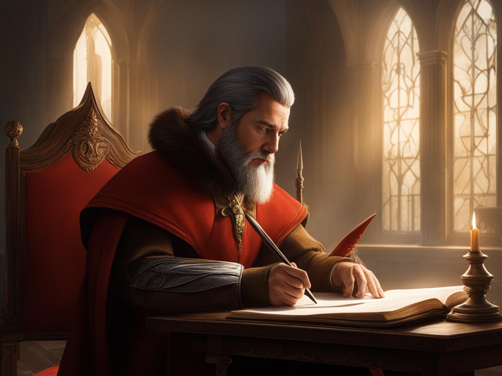 volo geddarm the inquisitive scholar takes notes on mythical creatures with his quill. 