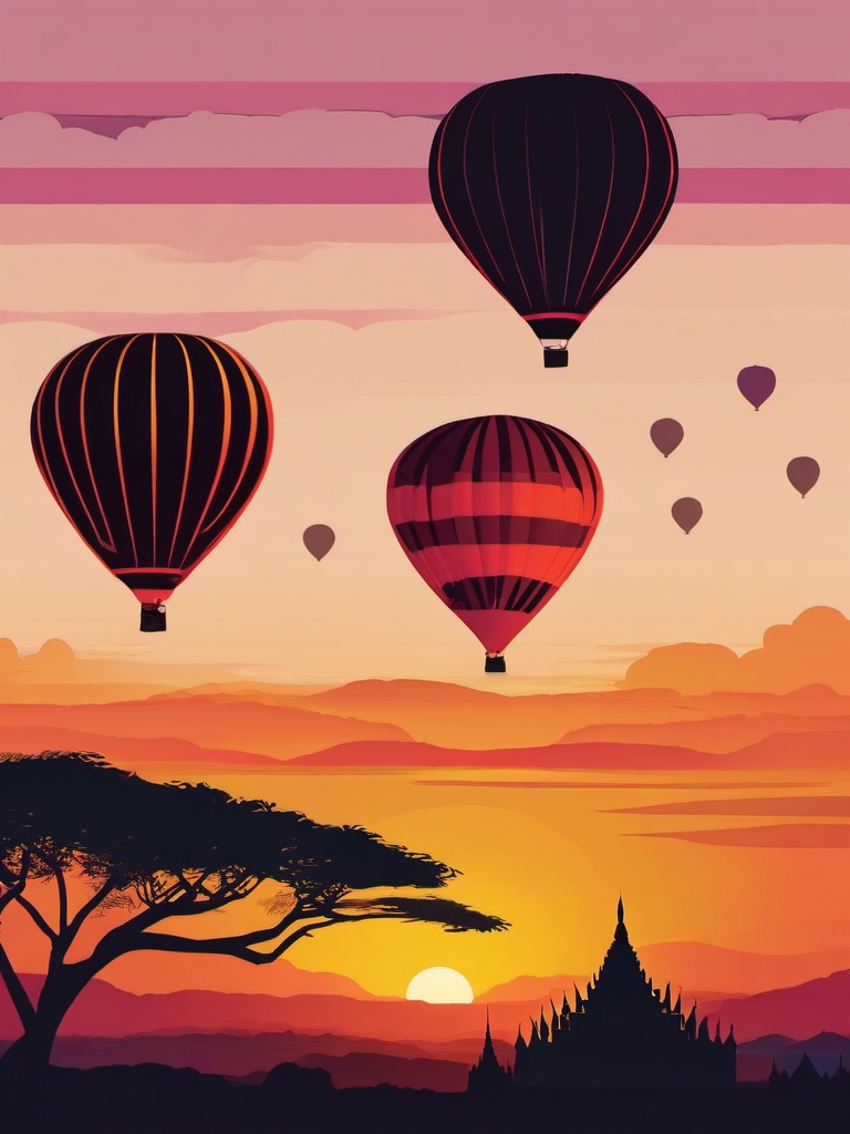 Bagan Hot Air Balloon Sunrise sticker- Sunrise views of Bagan from a hot air balloon in Myanmar, , sticker vector art, minimalist design