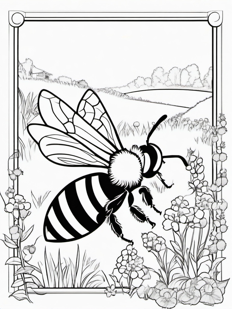 Bumblebee Coloring Pages - Bee in a cartoon meadow scene  simple coloring pages