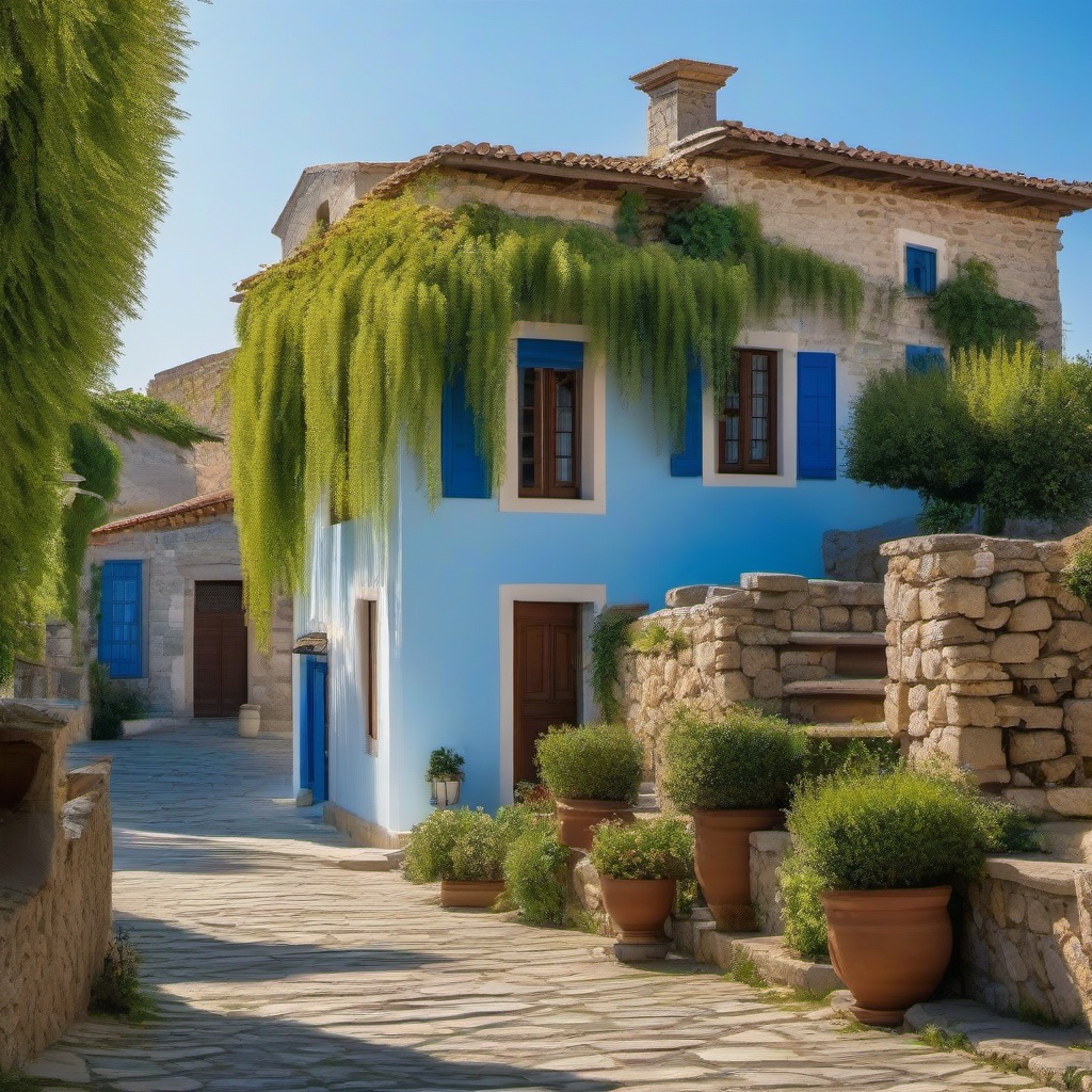 A village made of stone houses with greek Corinthians columns at the entrance, light blue tiles on the roof, beautiful facade, and weeping willow trees 