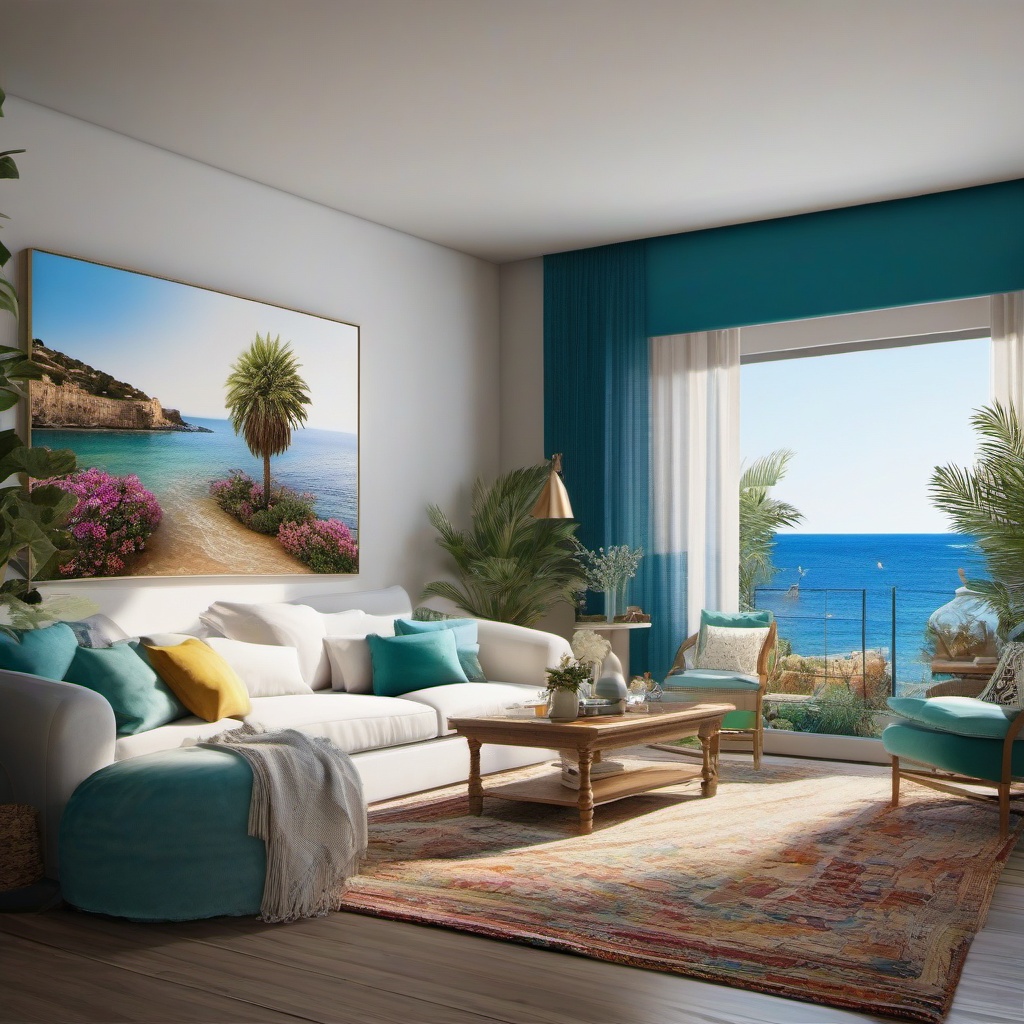 Mediterranean Seaside Escape - Bring the warmth of the Mediterranean coast into your living room. , living room decor ideas, multicoloured, photo realistic, hyper detail, high resolution,