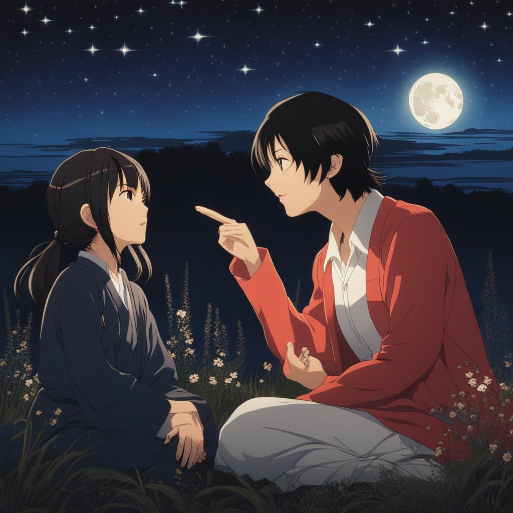 koyomi araragi engages in a conversation with supernatural beings under a starry night sky. 