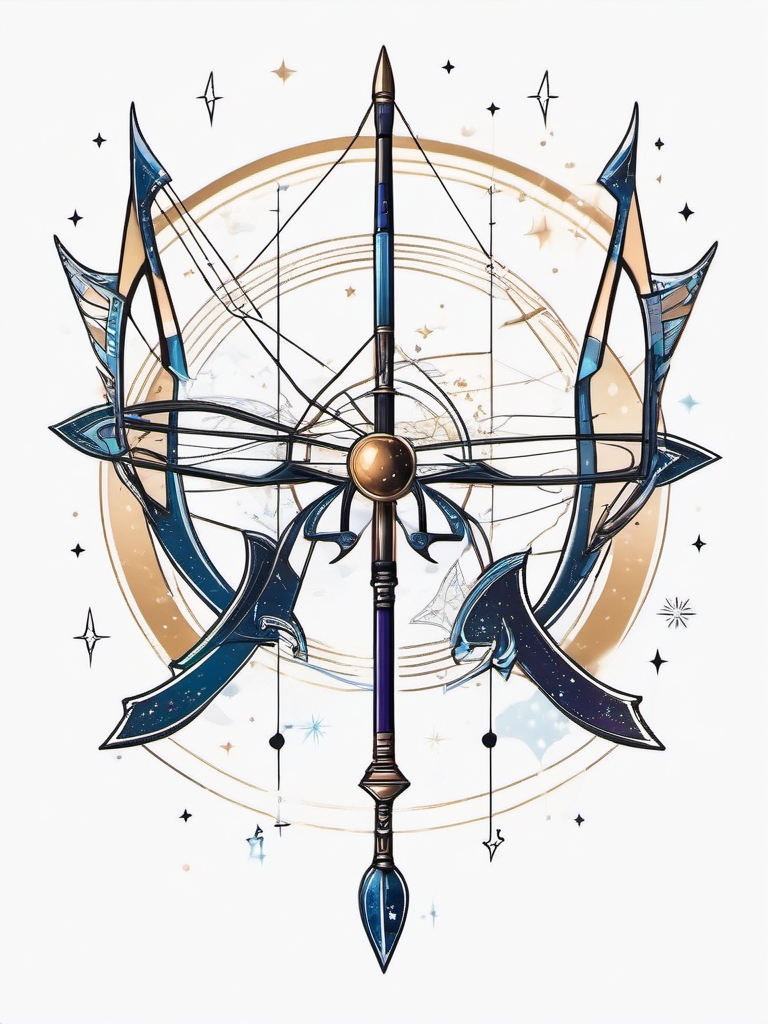 Bow and arrow with stardust constellations ink. Celestial archery alignment.  color tattoo design, white background