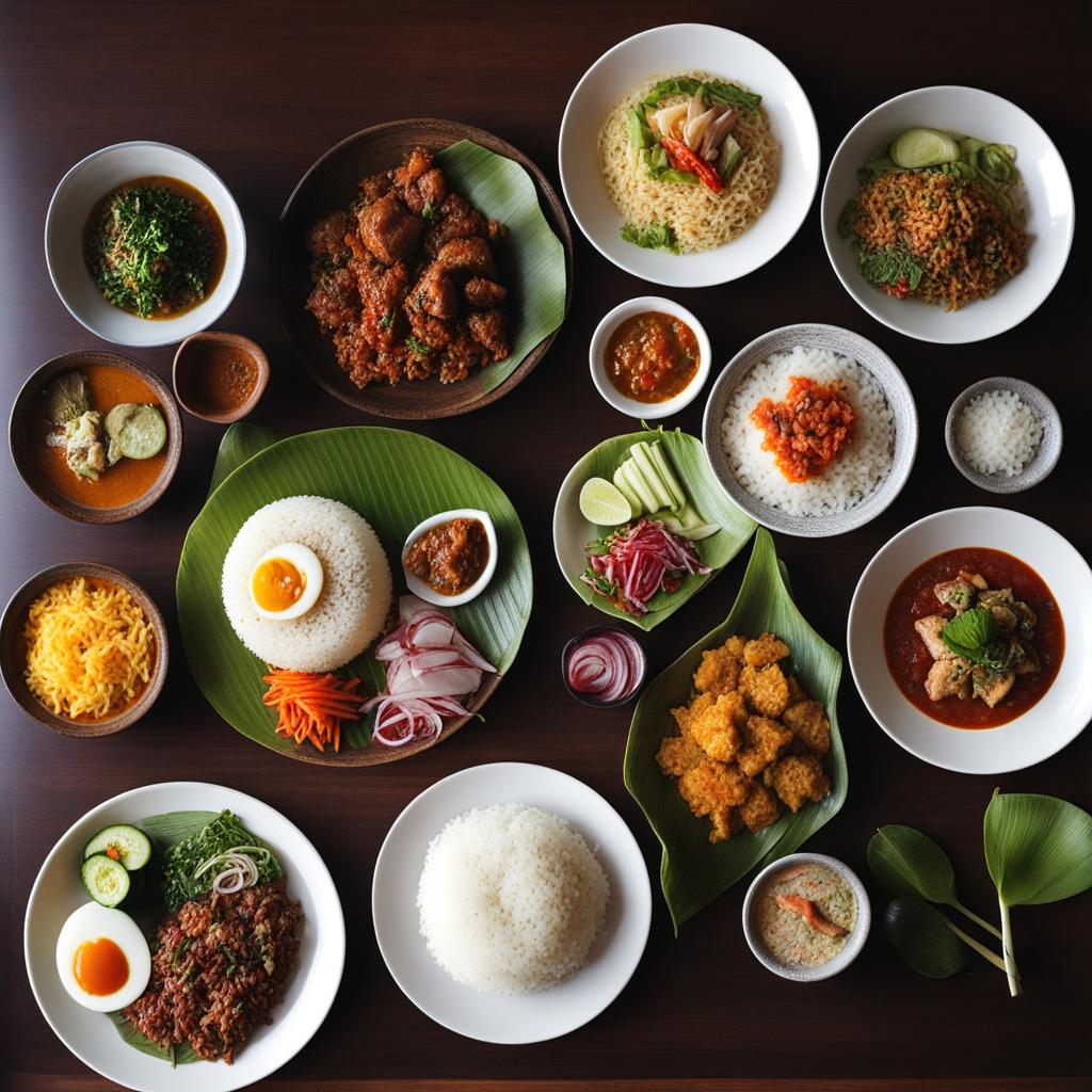 balinese nasi campur - a plate of mixed dishes, including rice, meats, vegetables, and sambal. 