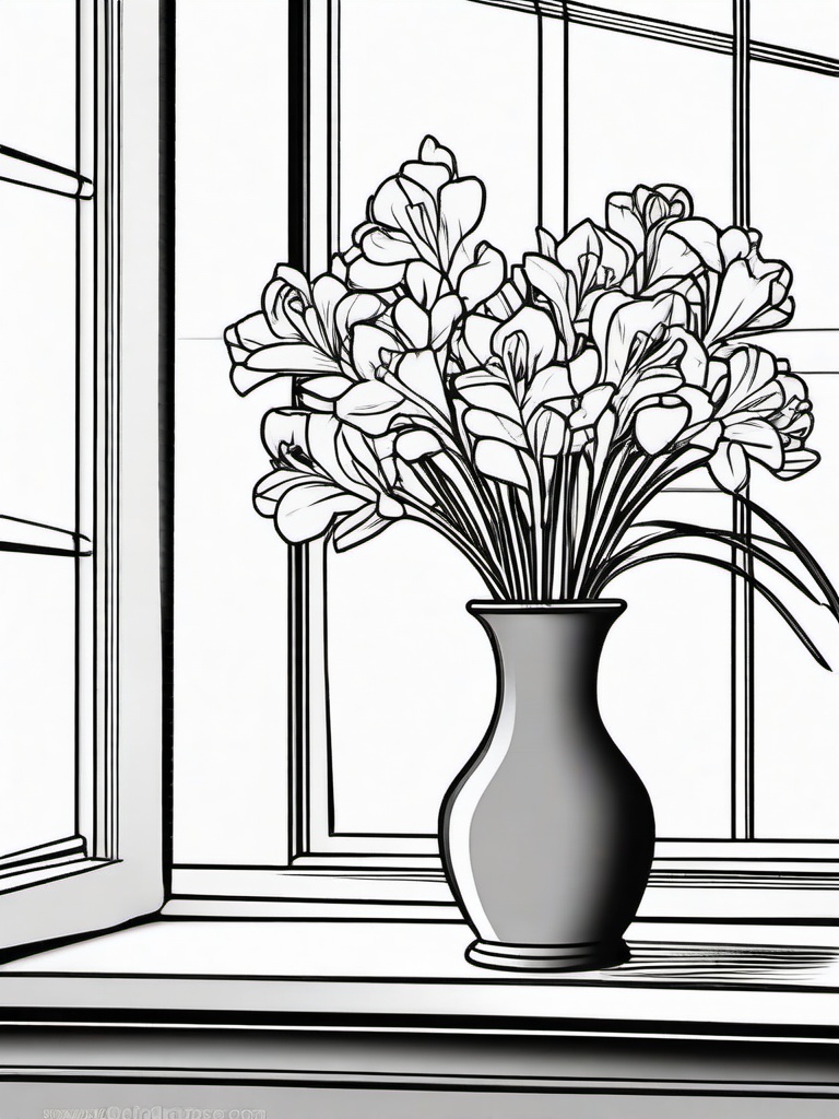 Freesia coloring page sheet - Freesia flowers delicately arranged in a vase on a windowsill.  black outline printable coloring page