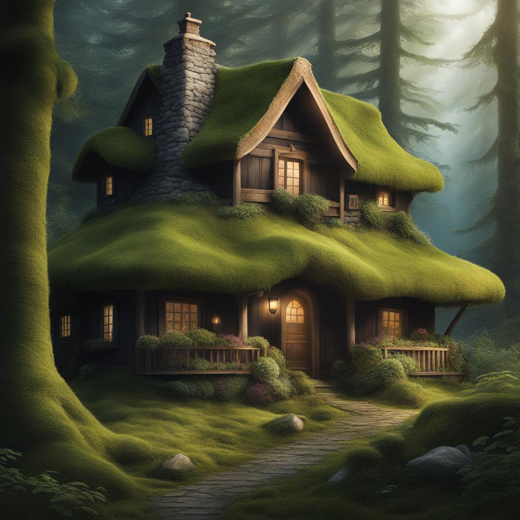 enchanted black forest cottage - create an illustration of a cozy, moss-covered cottage nestled deep within the mystical black forest. 