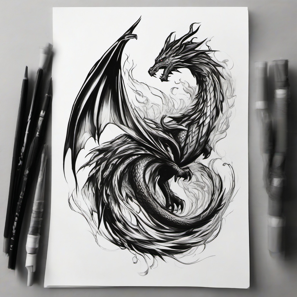 drawing of flames with a dragon  minimal rough sketch scribbles,doodles,black and white