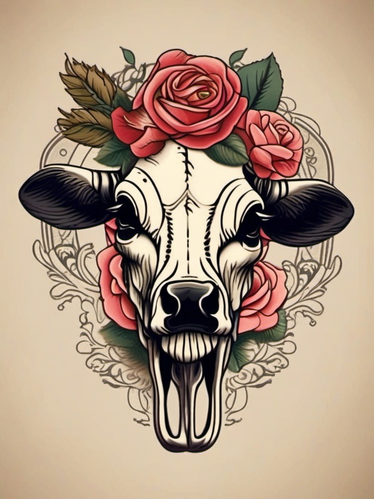 Cow skull with vintage roses tattoo: Antique charm, timeless beauty.  simple color tattoo style