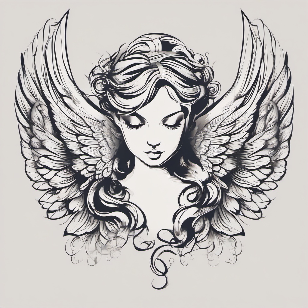 Small Tattoo Angel-Choosing subtlety and grace with a small tattoo featuring an angel, expressing celestial beauty, protection, and spiritual connection.  simple vector color tattoo