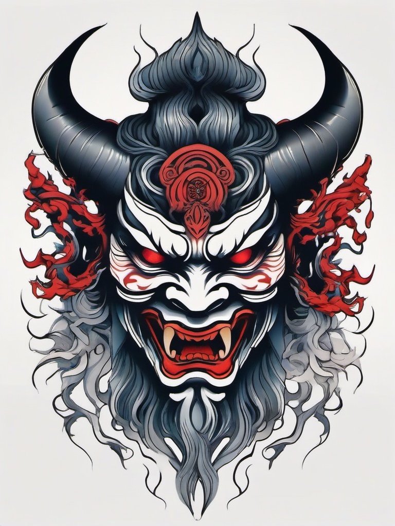 Japanese Demon Tattoo - Depicts a malevolent supernatural being from Japanese folklore.  simple color tattoo,white background,minimal