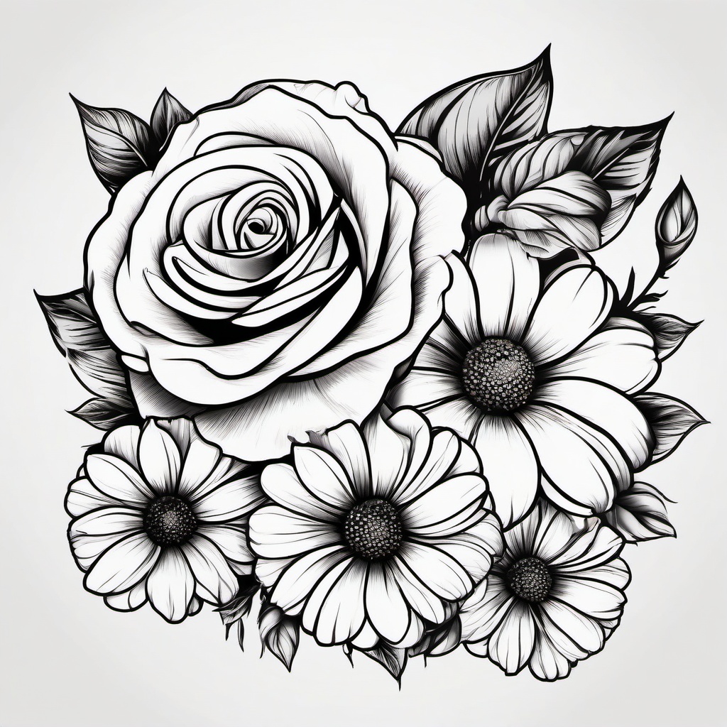 Rose and Daisy Tattoo Designs-Combination of the timeless beauty of roses with the simplicity of daisies in a tattoo design, expressing love and elegance.  simple vector color tattoo