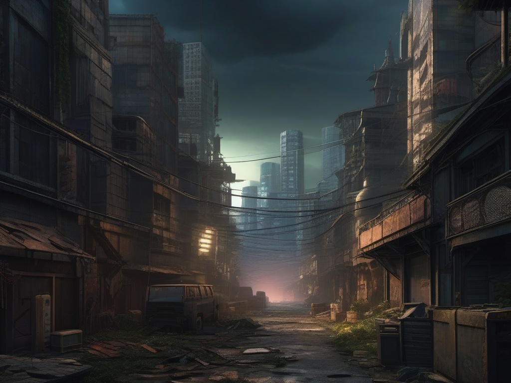 Post-Apocalyptic Anime Cityscape in a Moody Anime Background intricate details, patterns, wallpaper photo