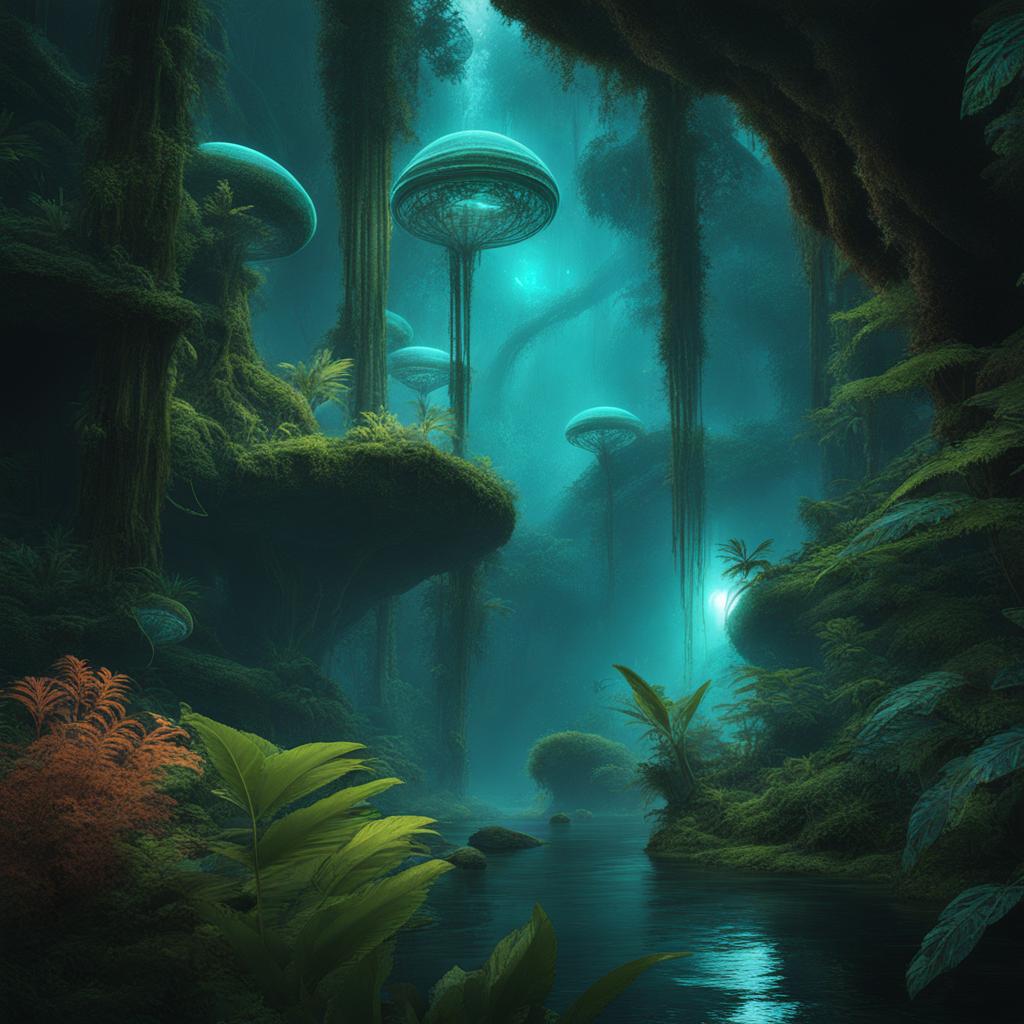 curious alien lifeforms exploring a lush, bioluminescent rainforest on an exotic planet. 