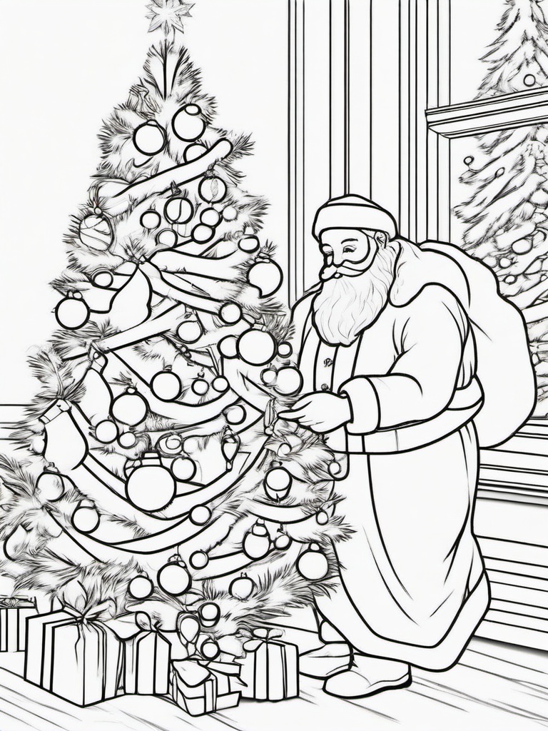 Santa Decorating Tree Coloring Pages - Santa Adding Ornaments to a Tree  minimal black outline printable sheet, coloring page