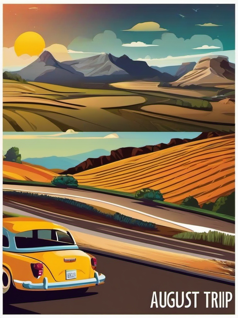 August clipart - August road trip adventure with scenic views  