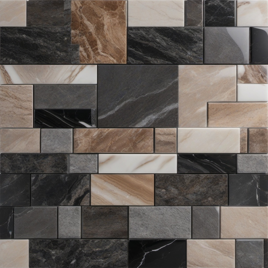 Granite and porcelain and travertine and marble and granite alternating tile layout top view, product photoshoot realistic background, hyper detail, high resolution