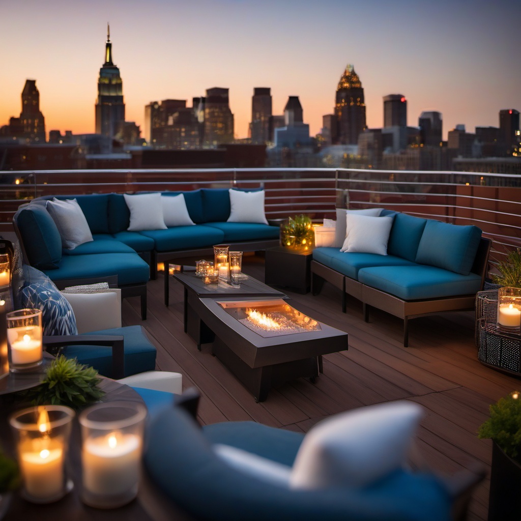 Rooftop Patio Lounge - Rooftop patio lounge with comfortable seating and skyline views. realistic, professional photography, bokeh, natural lighting, canon lens, shot on dslr 64 megapixels sharp focus