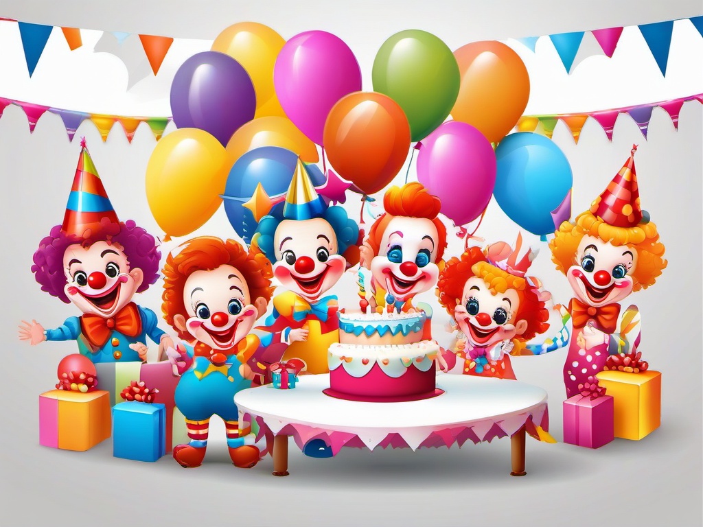 Birthday party with clowns and balloons clipart.  vector style illustration, white background