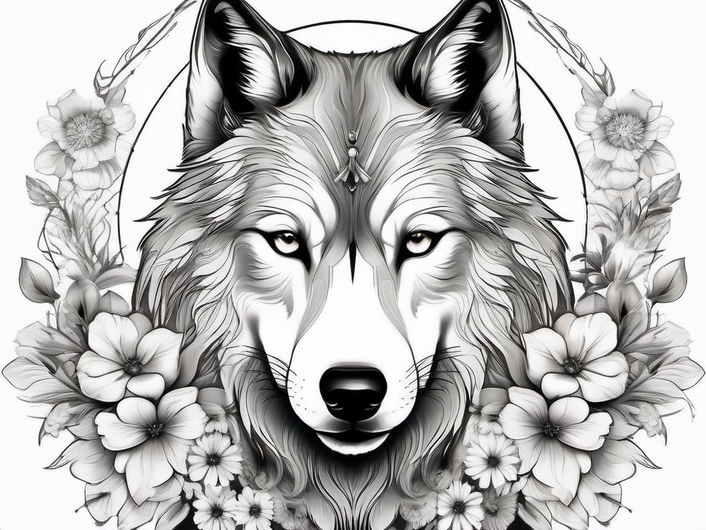 Wolf and Flower Tattoo,harmonious fusion of a wolf and delicate flowers, symbolizing both strength and beauty. , tattoo design, white clean background