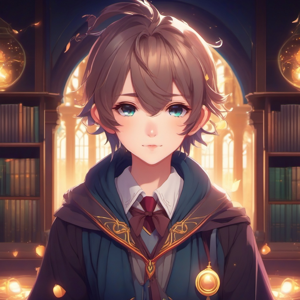 Magical prodigy, in a whimsical magical school, attending spellbinding classes and mastering arcane arts.  front facing ,centered portrait shot, cute anime color style, pfp, full face visible