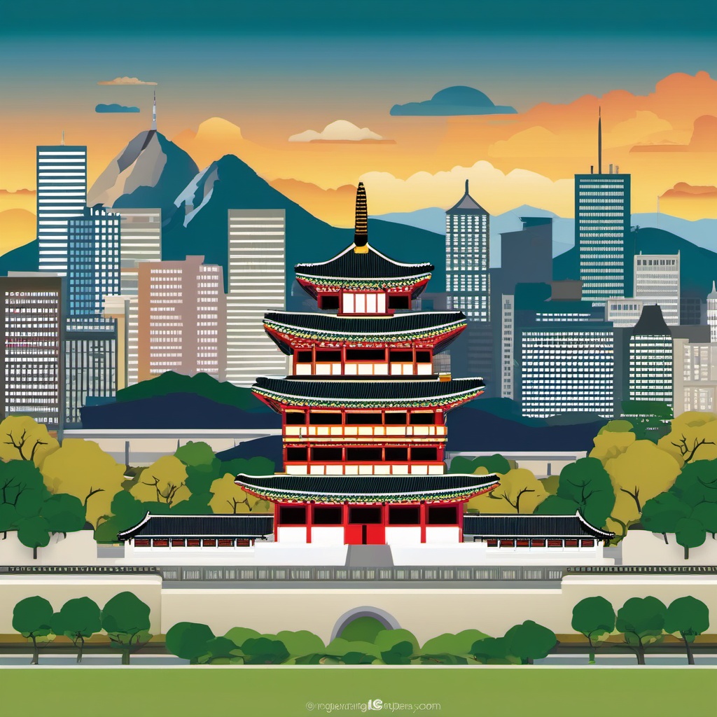 Seoul clipart - Gyeongbokgung Palace and Seoul skyline, ,color clipart vector style