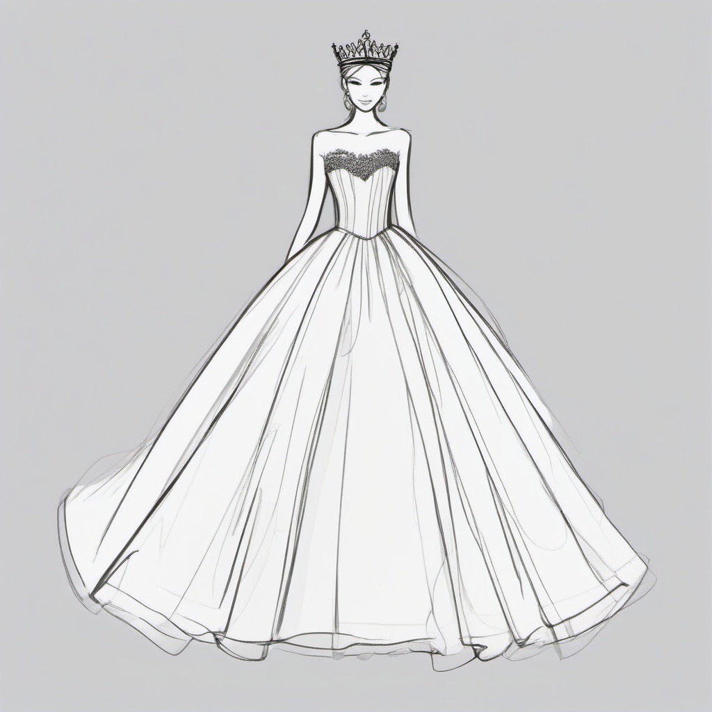 drawing of a dress with a tiara  minimal rough sketch scribbles,doodles,black and white